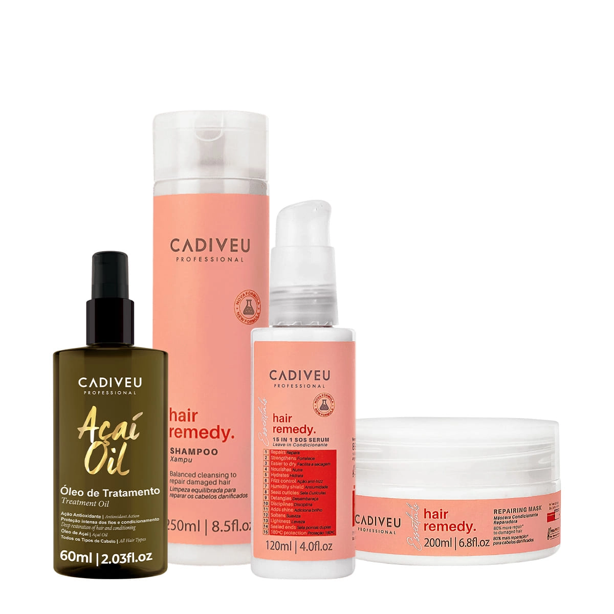 Kit Cadiveu Essentials Hair Remedy Shampoo Máscara Leave-in Sérum E Açaí Oil 60 (4 Produtos)