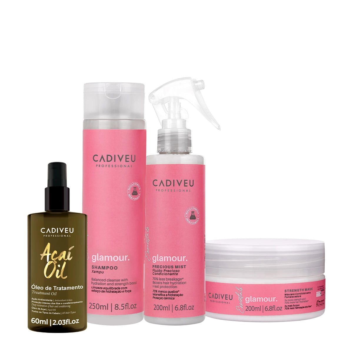 Kit Cadiveu Professional Essentials Glamour Shampoo Máscara Fluido E Açaí Oil (4 Produtos)