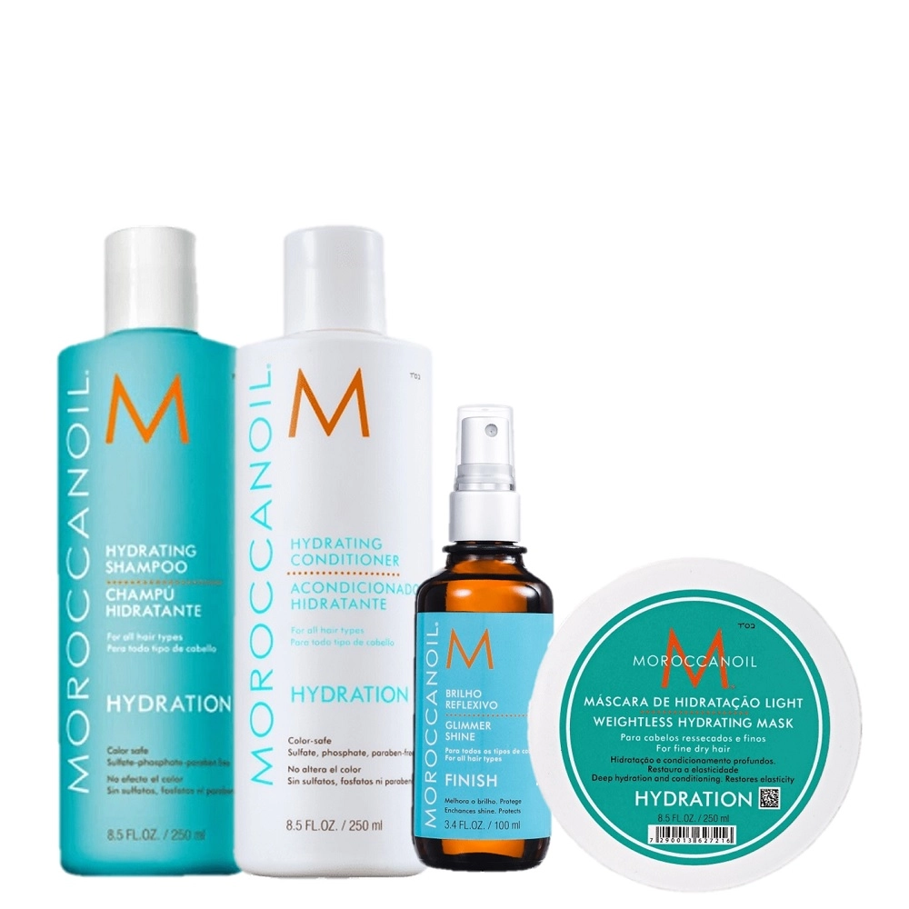 Produto Kit_Moroccanoil_Hydration_Light_Finish_Glimmer_Shine_Shampoo_Condicionador_250ml_Mascara_250ml_Spray_De_Brilho_100ml_Evas_1