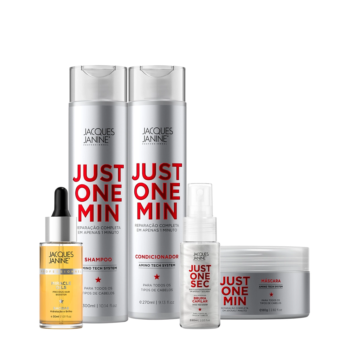 Produto Kit_Jacques_Janine_Professionnel_Just_One_Min_Shampoo_Condicionador_Mascara_Bruma_Capilar_e_Miracle_Oils_Baobab_Evas_1