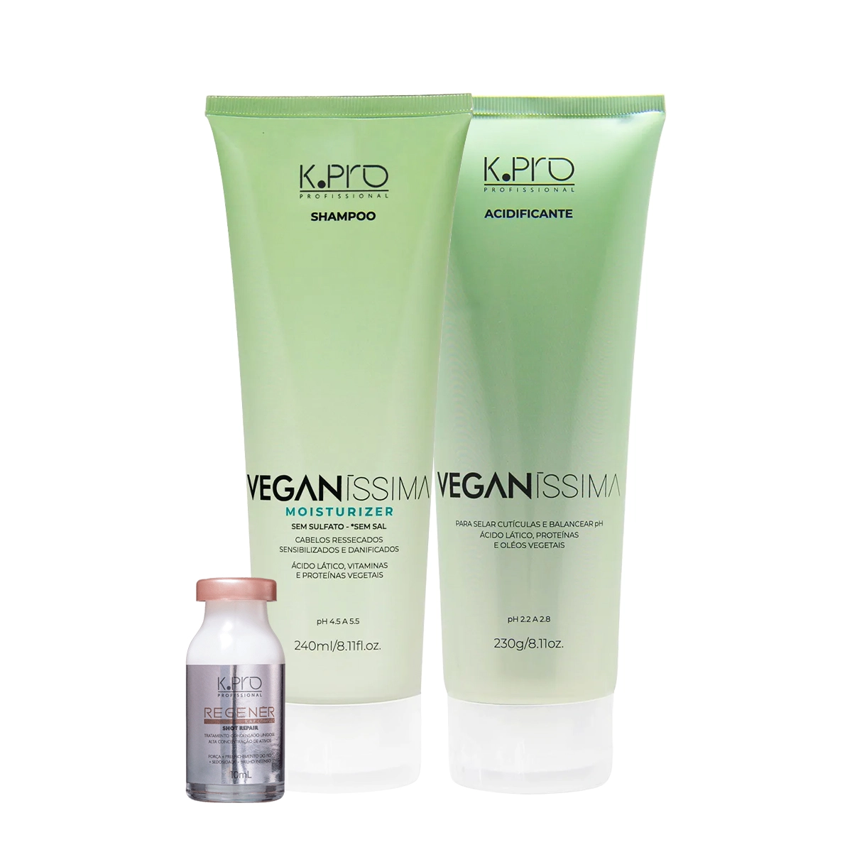 Kit K.Pro Veganíssima Moisturizer Shampoo Acidificante E Regenér Shot Repair Ampola (3 Produtos)