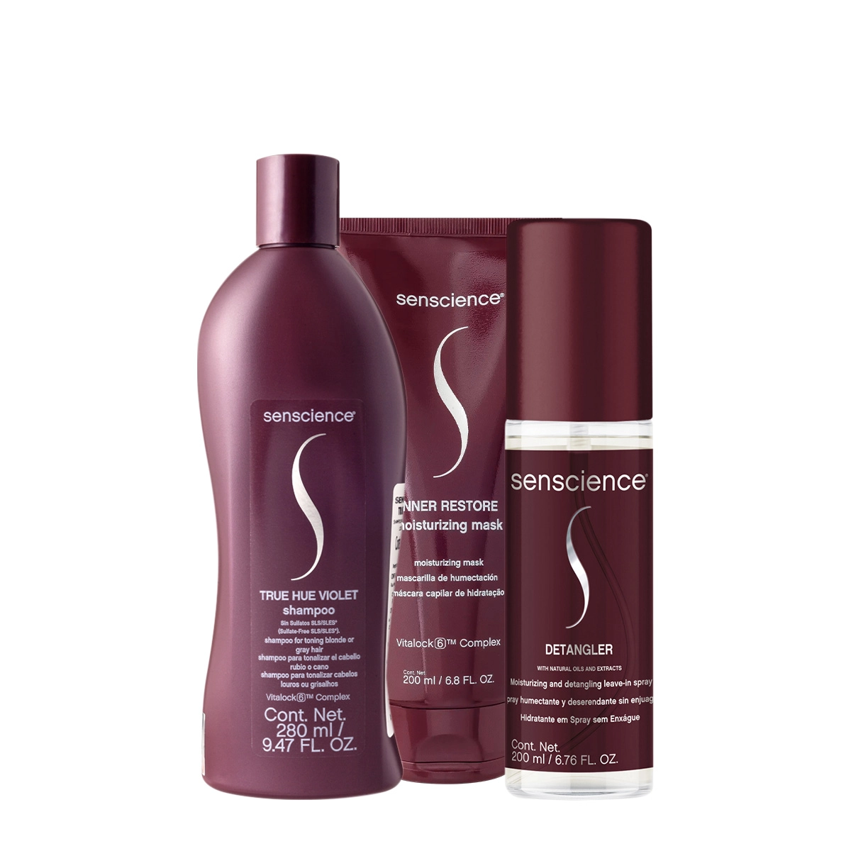 Senscience True Hue Violet Shampoo Máscara Moisturizing E Leave-in Spray (3 Produtos)