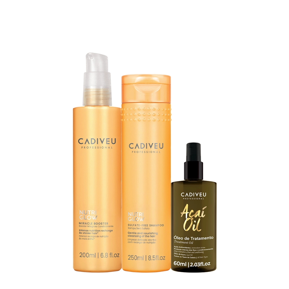 Kit Cadiveu Professional Nutri Glow Booster Fluído De Tratamento Pré Shampoo Açaí Oil 60 E Shampoo (3 Produtos)