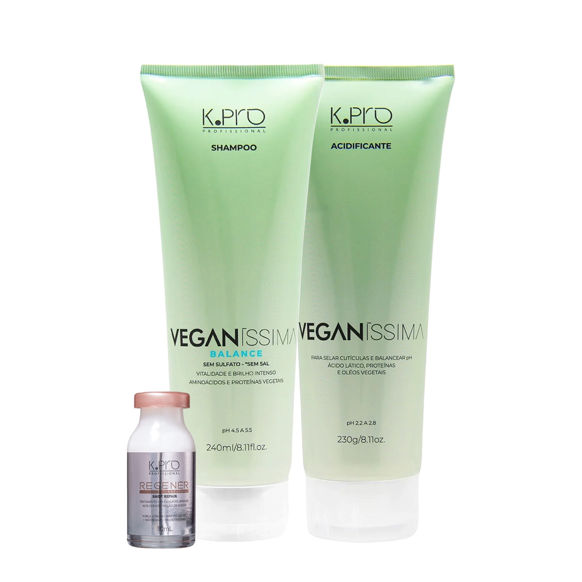 Kit K.Pro Veganíssima Balance Shampoo Acidificante E Regenér Shot Repair Ampola (3 Produtos)