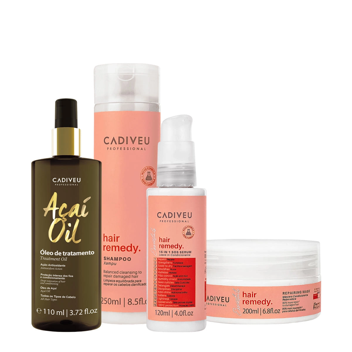 Kit Cadiveu Essentials Hair Remedy Shampoo Máscara Leave-in Sérum E Açaí Oil 110 (4 Produtos)