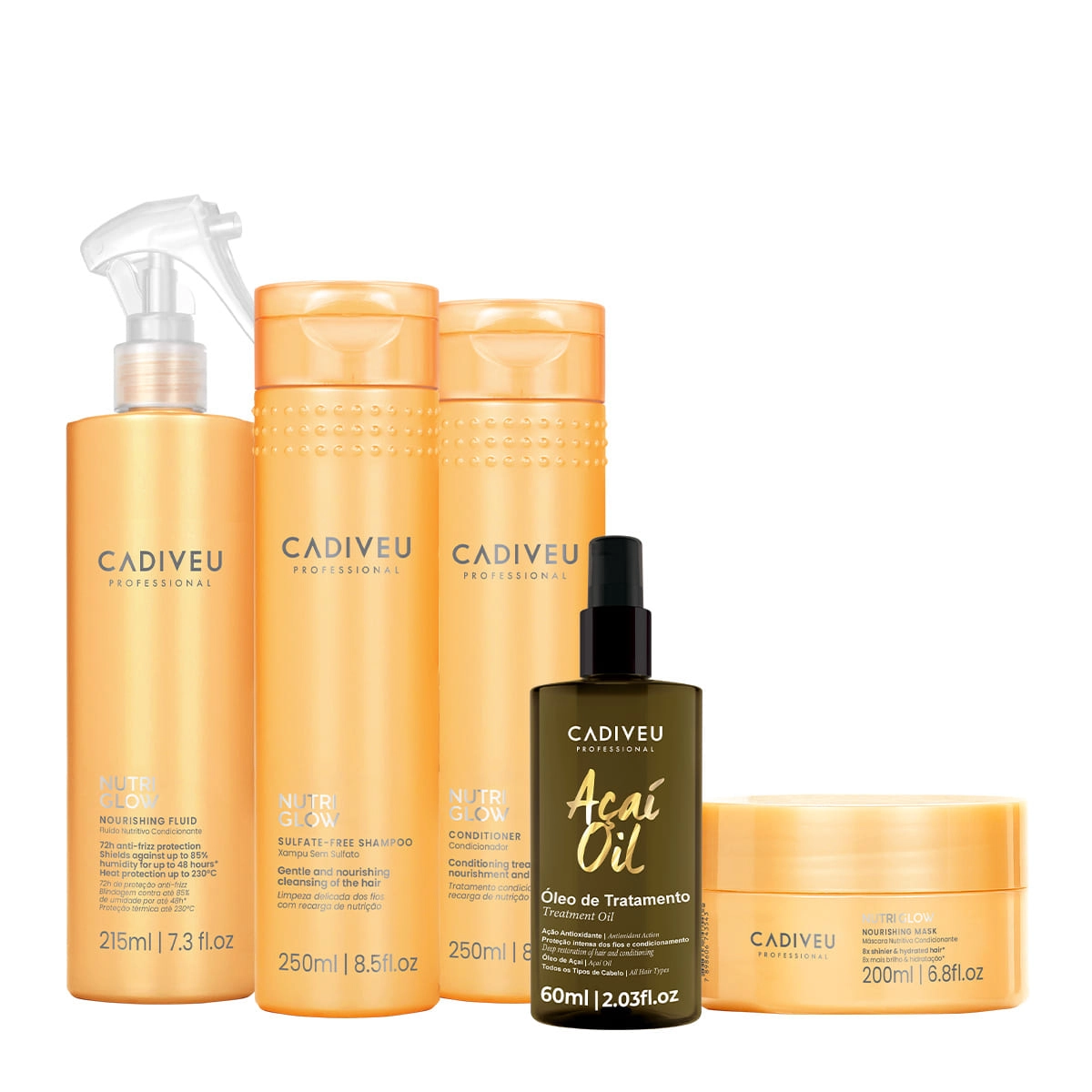 Kit Cadiveu Professional Nutri Glow Shampoo Condicionador Máscara P Fluído E Açaí Oil 60 (5 Produtos)