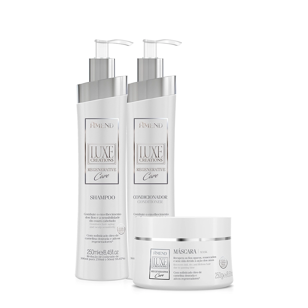 Produto Kit_Amend_Luxe_Creations_Regenerative_Care_Shampoo_Condicionador_Mascara_Evas_1
