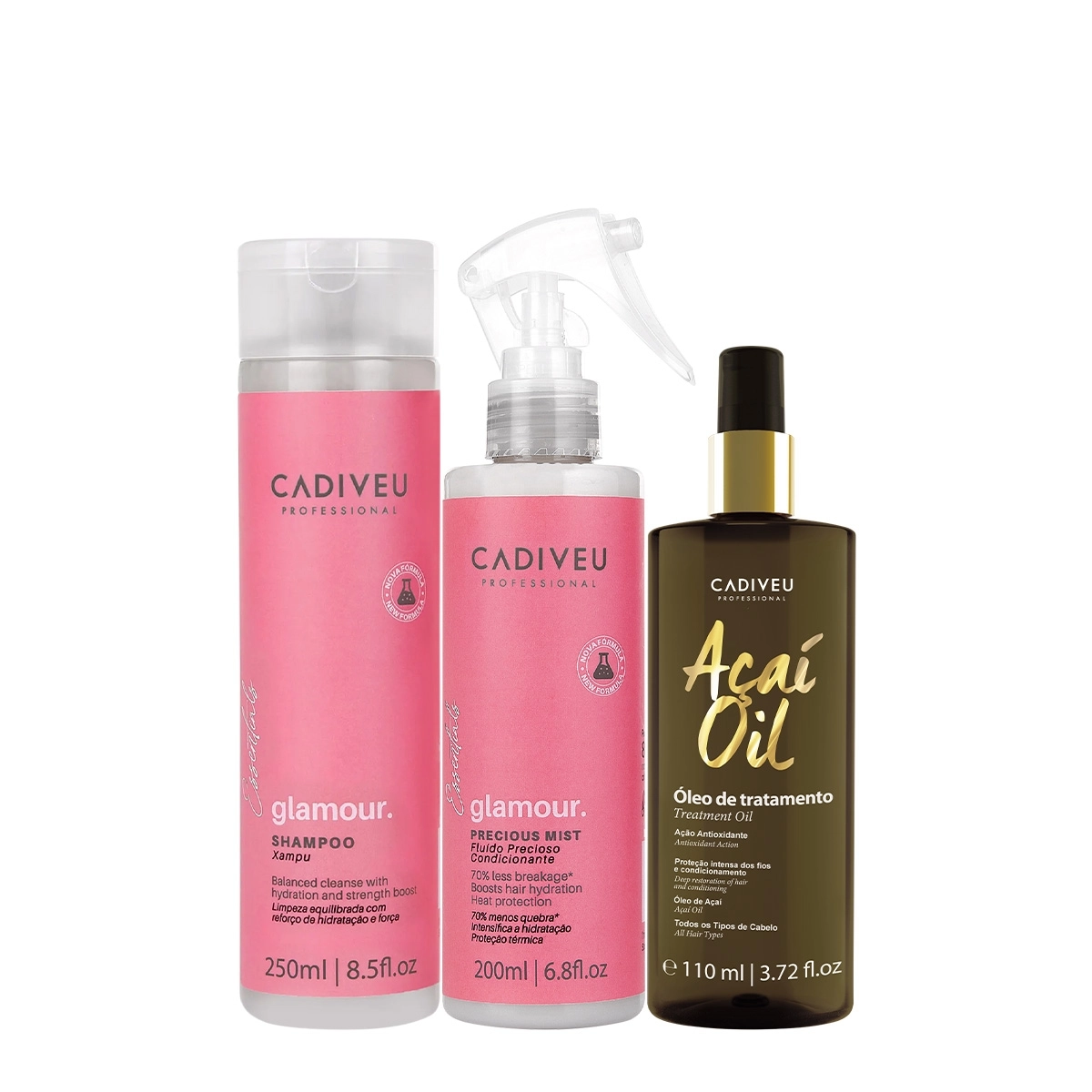Kit Cadiveu Profissional Essentials Glamour Shampoo Fluído E Açaí Oil 110 (3 Produtos)