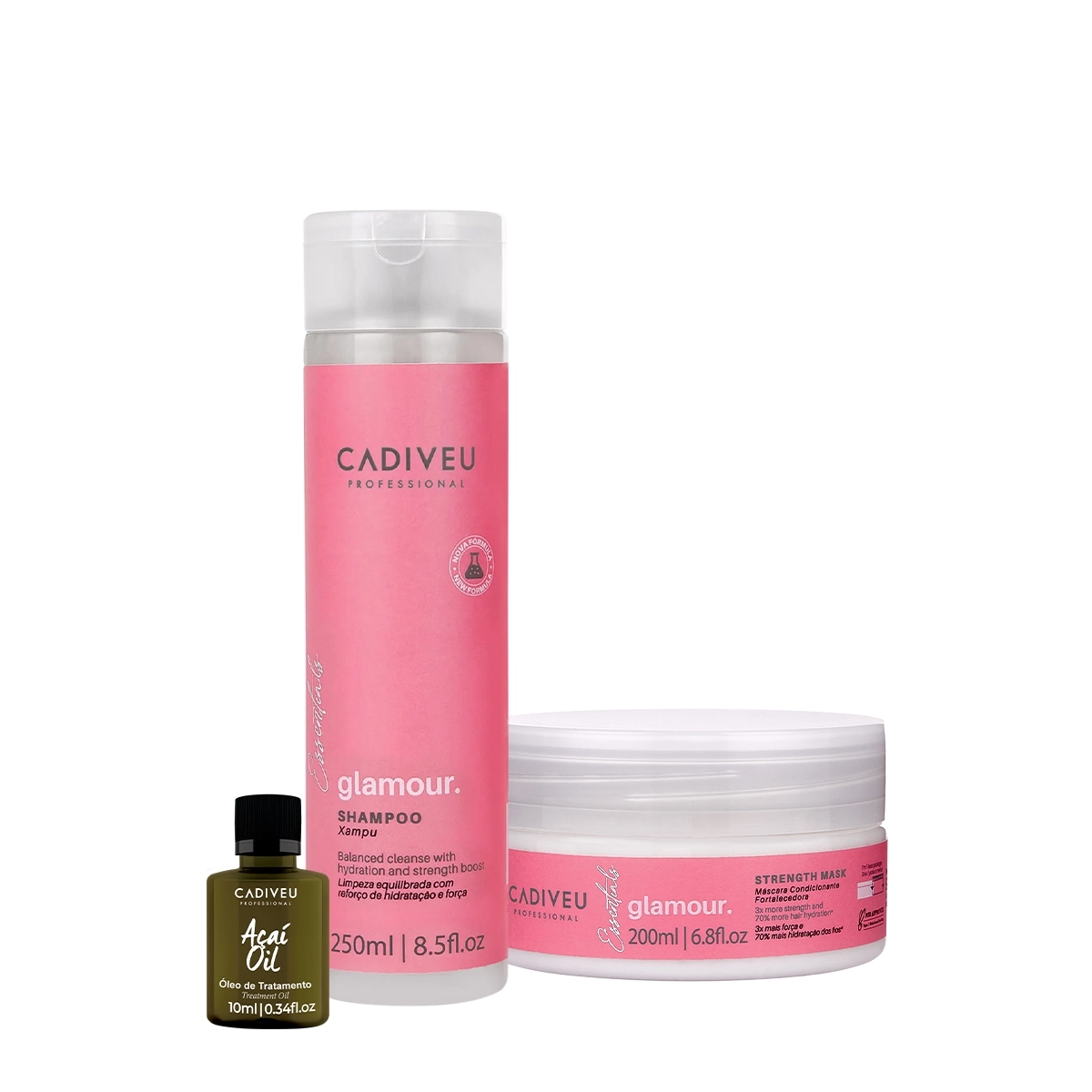 Kit Cadiveu Profissional Essentials Glamour Shampoo Máscara E Açaí Oil P (3 Produtos)