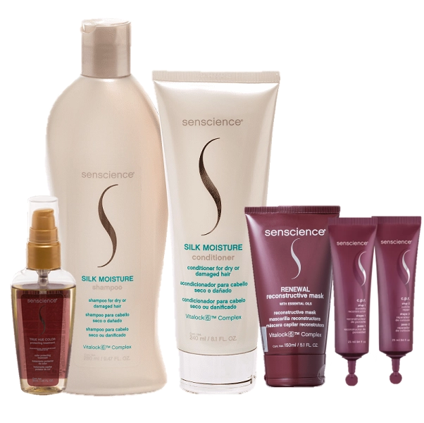 Senscience Silk Moisture Duo Home Care Renewal Mask 150ml CPR Tratamento Reconstrutor 2x25ml E True Hue Oleo 55ml