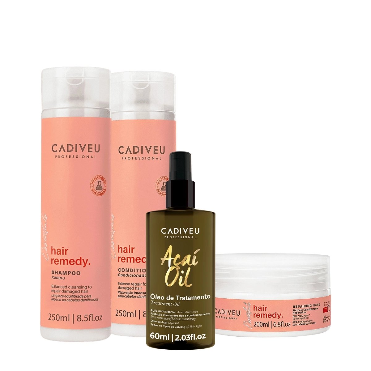 Kit Cadiveu Essentials Hair Remedy Shampoo Condicionador Máscara E Açaí Oil 60 (4 Produtos)