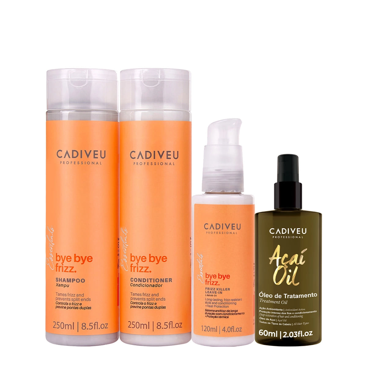 Kit Cadiveu Professional Bye Bye Frizz Shampoo Condicionador Leave-in E Açaí Oil 60 (4 Produtos)