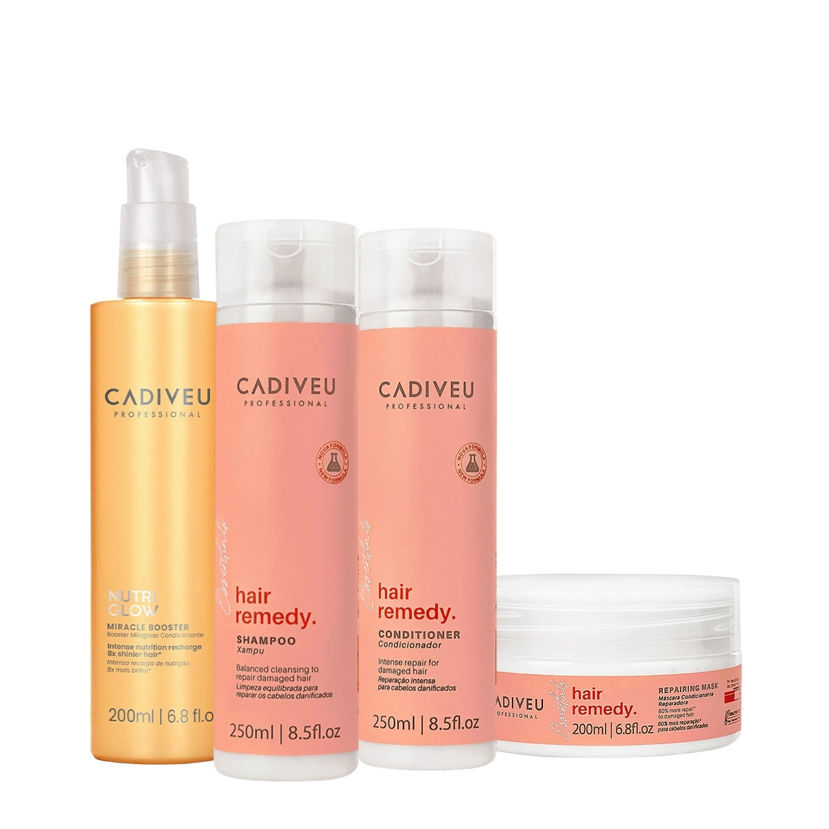 Kit Cadiveu Essentials Hair Remedy Shampoo Condicionador Máscara E Nutri Glow Booster (4 Produtos)