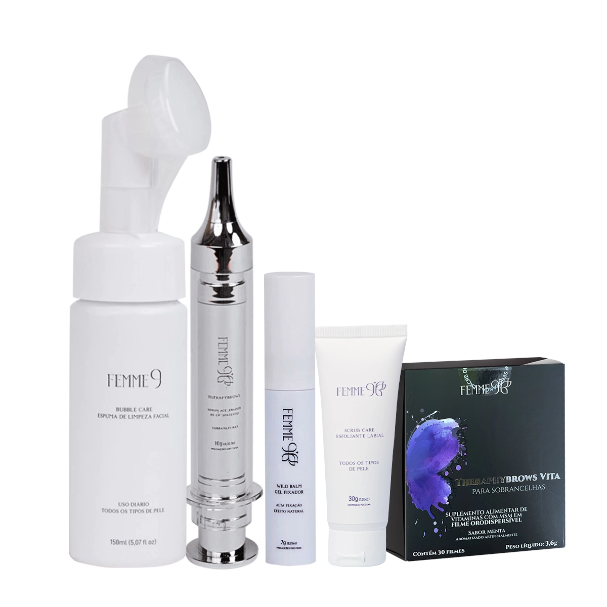 Produto Kit_Femme9_Espuma_Facial_Theraphybrows_Vita_Gel_Fixador_Serum_Esfoliante_Evas_1