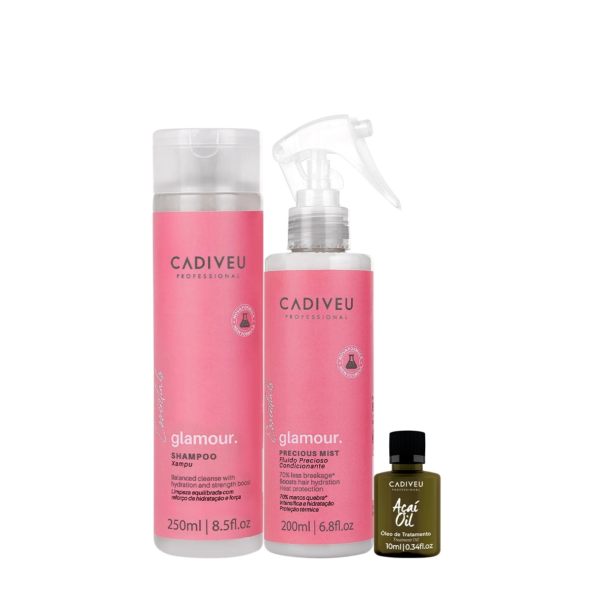 Kit Cadiveu Profissional Essentials Glamour Shampoo Fluído E Açaí Oil 10 (3 Produtos)