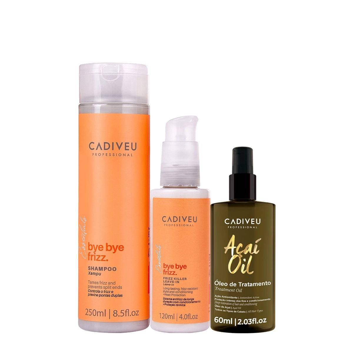 Kit Cadiveu Professional Bye Bye Frizz Shampoo Leave-in E Açaí Oil 60 (3 Produtos)