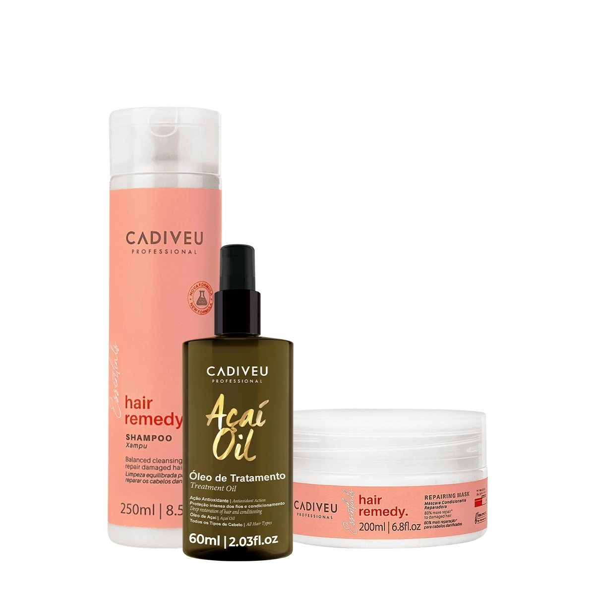 Kit Cadiveu Essentials Hair Remedy Shampoo Máscara E Açaí Oil 60 (3 Produtos)