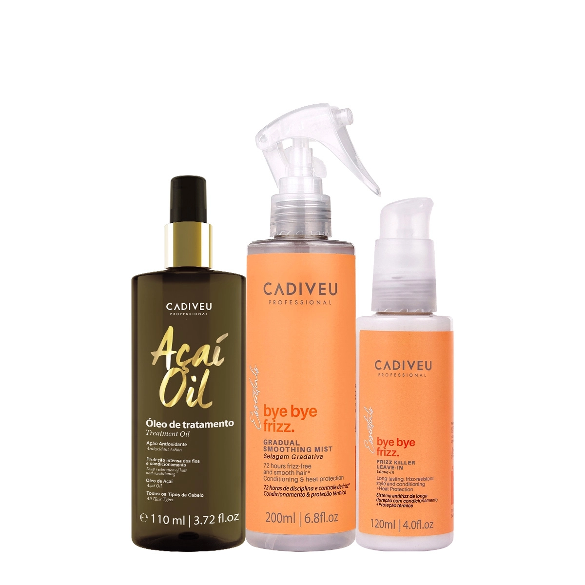 Kit Cadiveu Professional Bye Bye Frizz Selagem Gradativa Leave-in E Açai Oil 110 (3 Produtos)