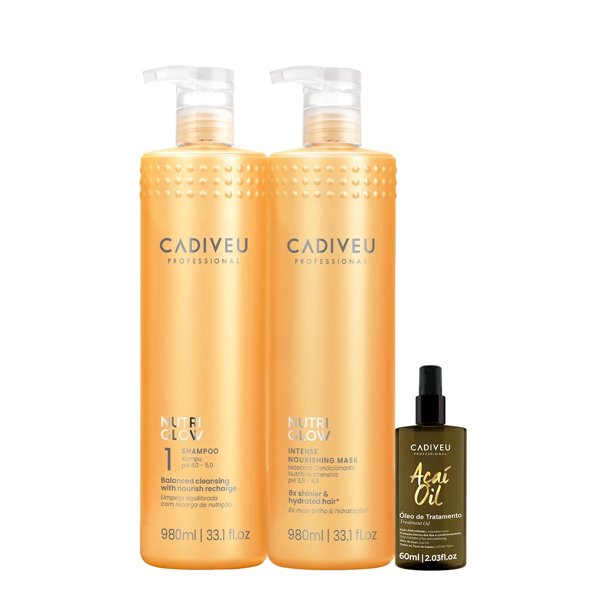 Kit Cadiveu Professional Nutri Glow Shampoo Máscara G E Açaí Oil 60 (3 Produtos)