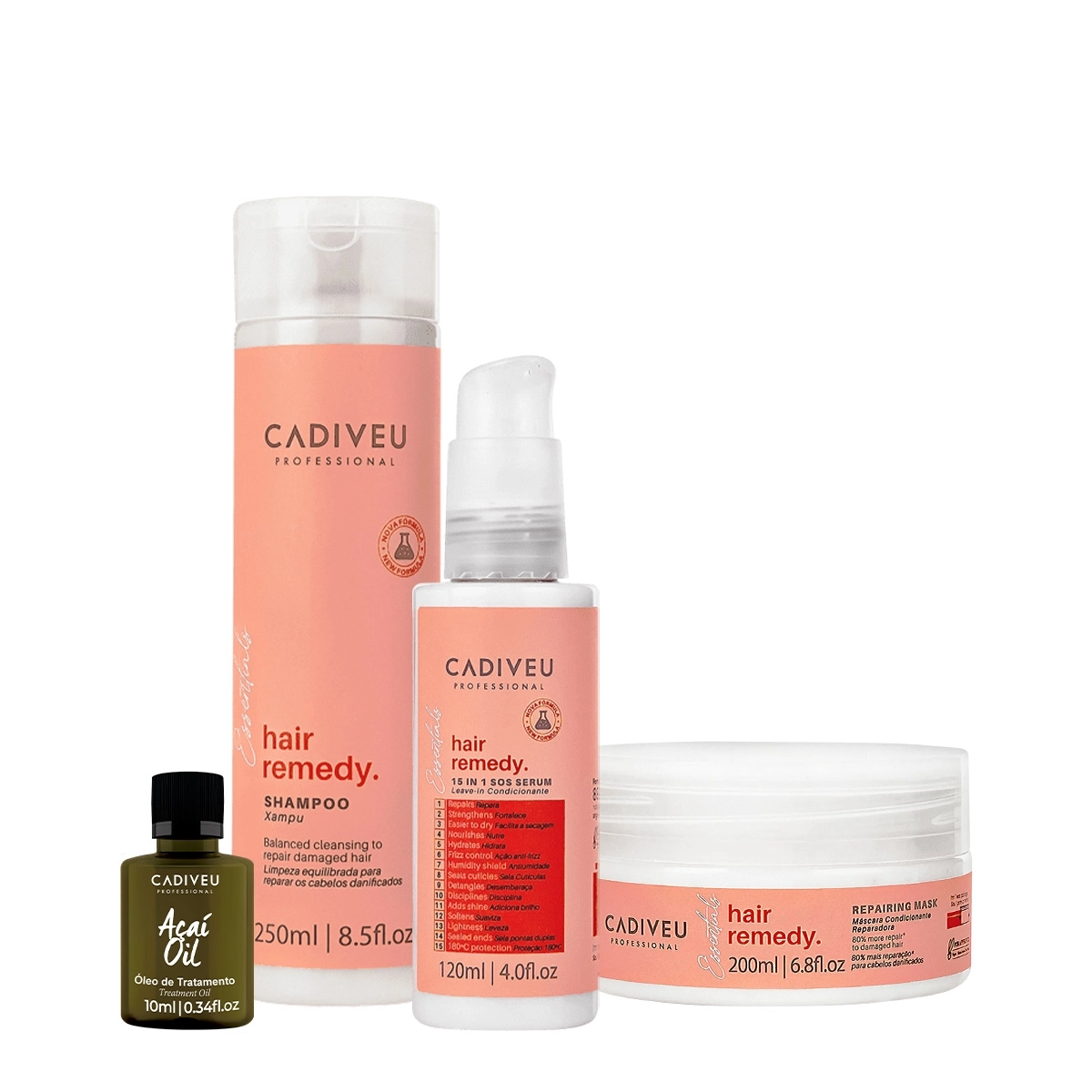 Kit Cadiveu Essentials Hair Remedy Shampoo Máscara E Leave-in Sérum (4 Produtos)