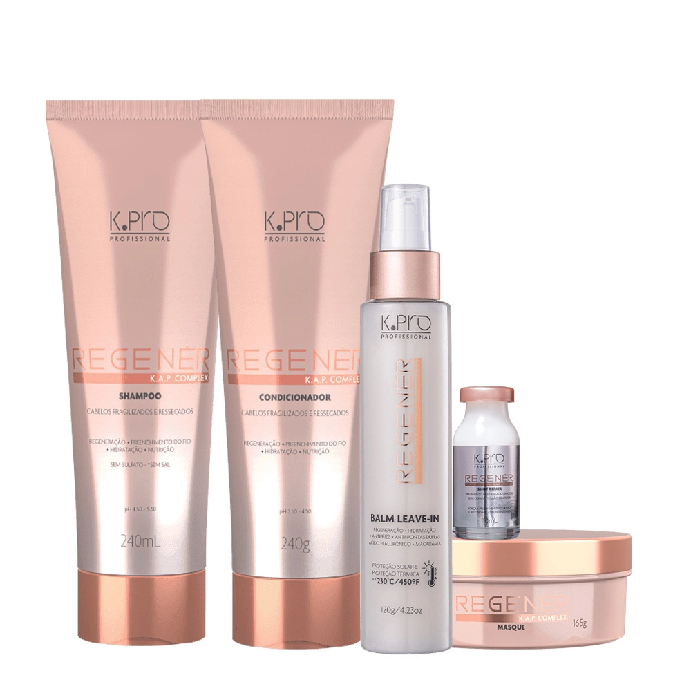 Kit K.Pro Profissional Regenér Shampoo Condicionador Máscara Leave-in Ampola (5 Produtos)
