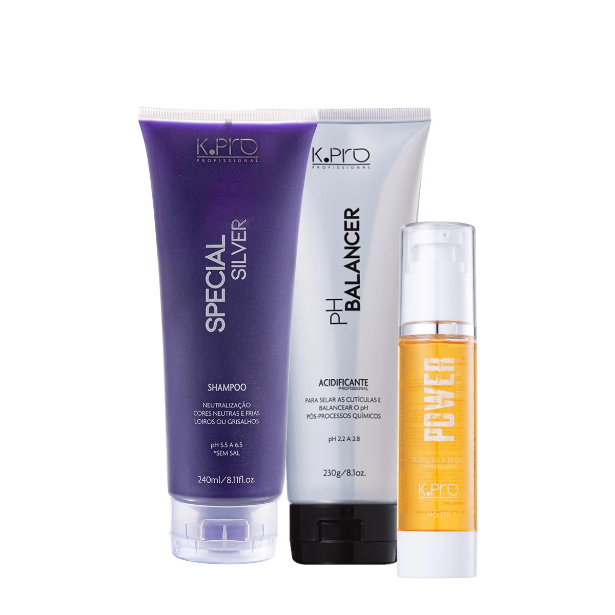 Kit K.Pro Special Silver Ph 5.5 A 6.5 Shampoo Acidificante E Power Five Óleo Capilar (3 Produtos)