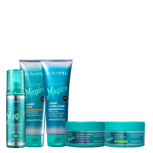 Lowell Cacho Magico Shampoo 240ml Creme 240ml Mascara 240g Gelatina 240g E Fluido 200ml