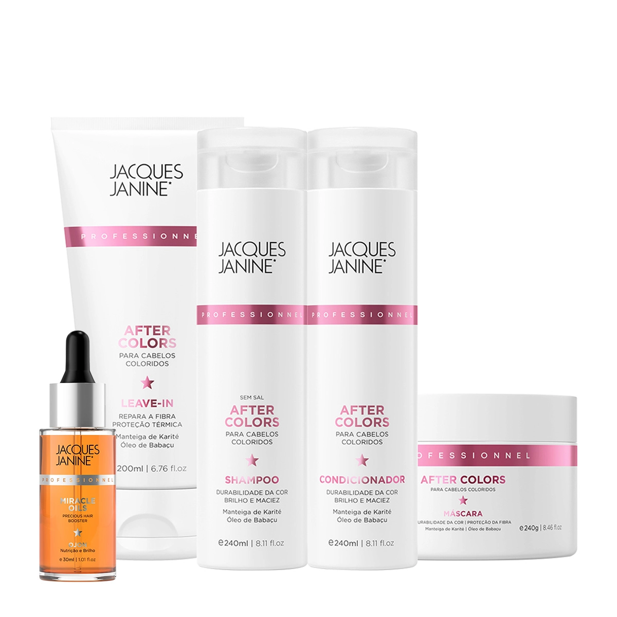 Produto Kit_Jacques_Janine_After_Colors_Shampoo_Condicionador_Mascara_Leave-in_e_Miracle_Oils_Ojon_Evas_1
