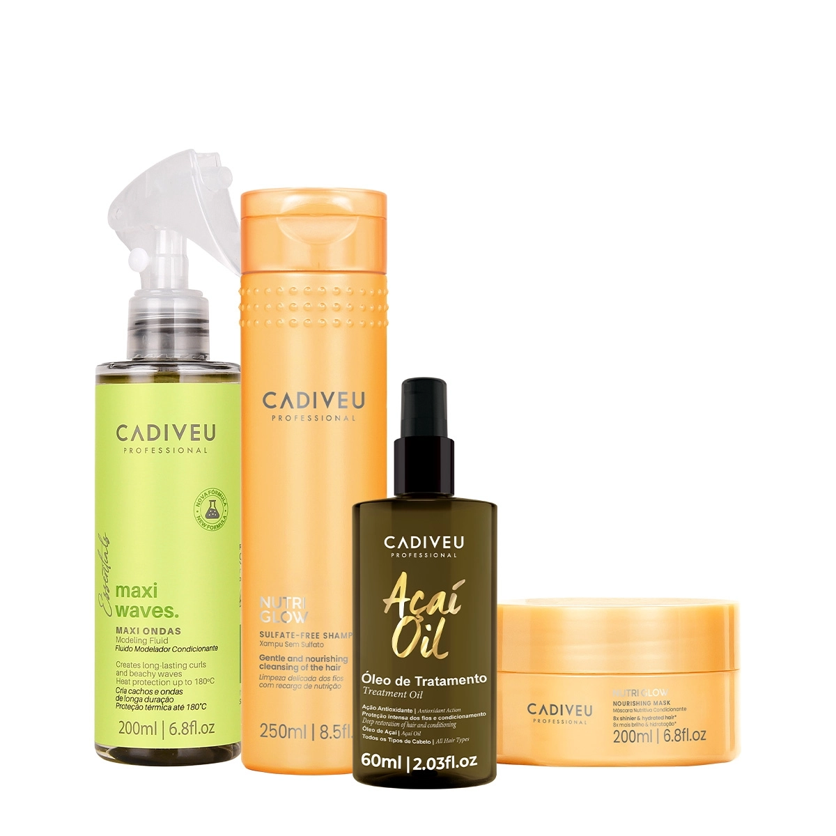 Kit Cadiveu Professional Nutri Glow Shampoo Máscara Maxi Ondas E Açaí Oil 60 (4 Produtos)