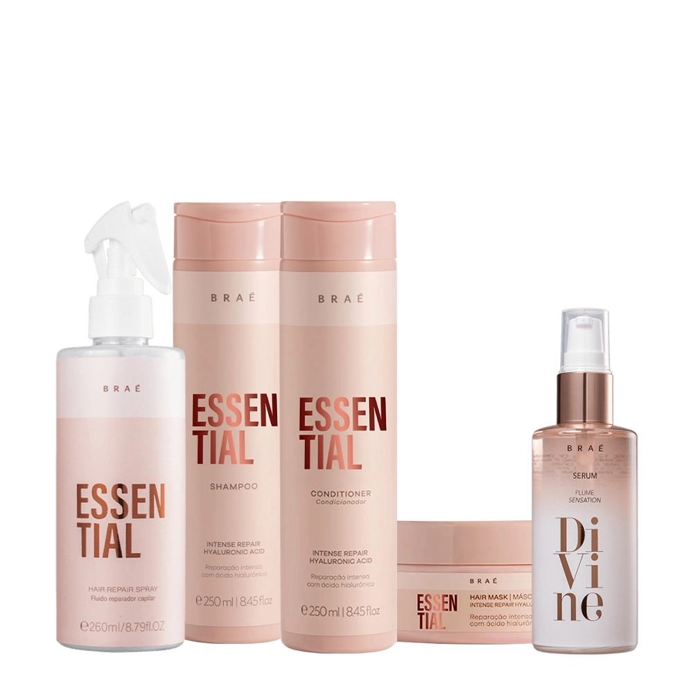 Kit Braé Essential Shampoo Condicionador Hair Spray Máscara E Divine Plume Sérum Capilar (5 Produtos)