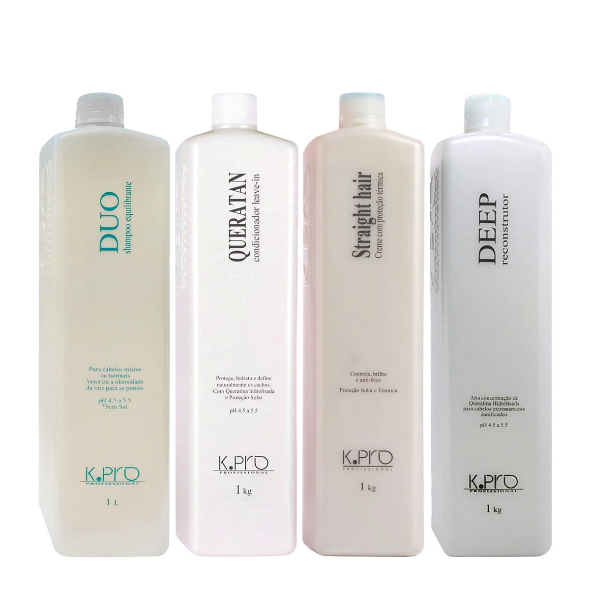 Produto Kit_KPro_Duo_Equilibrante_Queratan_Straight_Hair_Deep_Shampoo_1L_Condicionador_Leavein_1kg_Protetor_Termico_1kg_Tratamento_Reconstrtutor_1kg_Evas_1