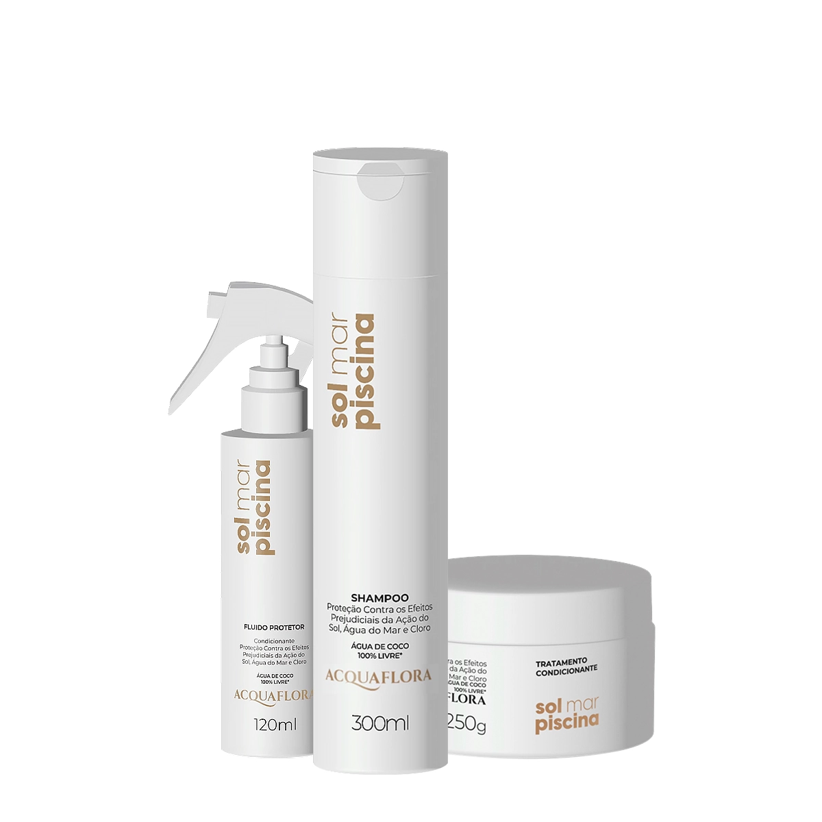 Kit Tratamento Capilar Sol Mar Piscina Acquaflora Shampoo 300ml Máscara 250g Leave-in 120ml