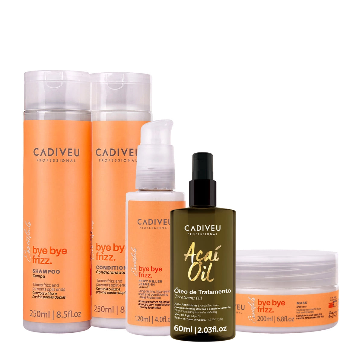 Kit Cadiveu Professional Bye Bye Frizz Shampoo Condicionador Máscara Leave-in E Açaí Oil 60 (5 Produtos)