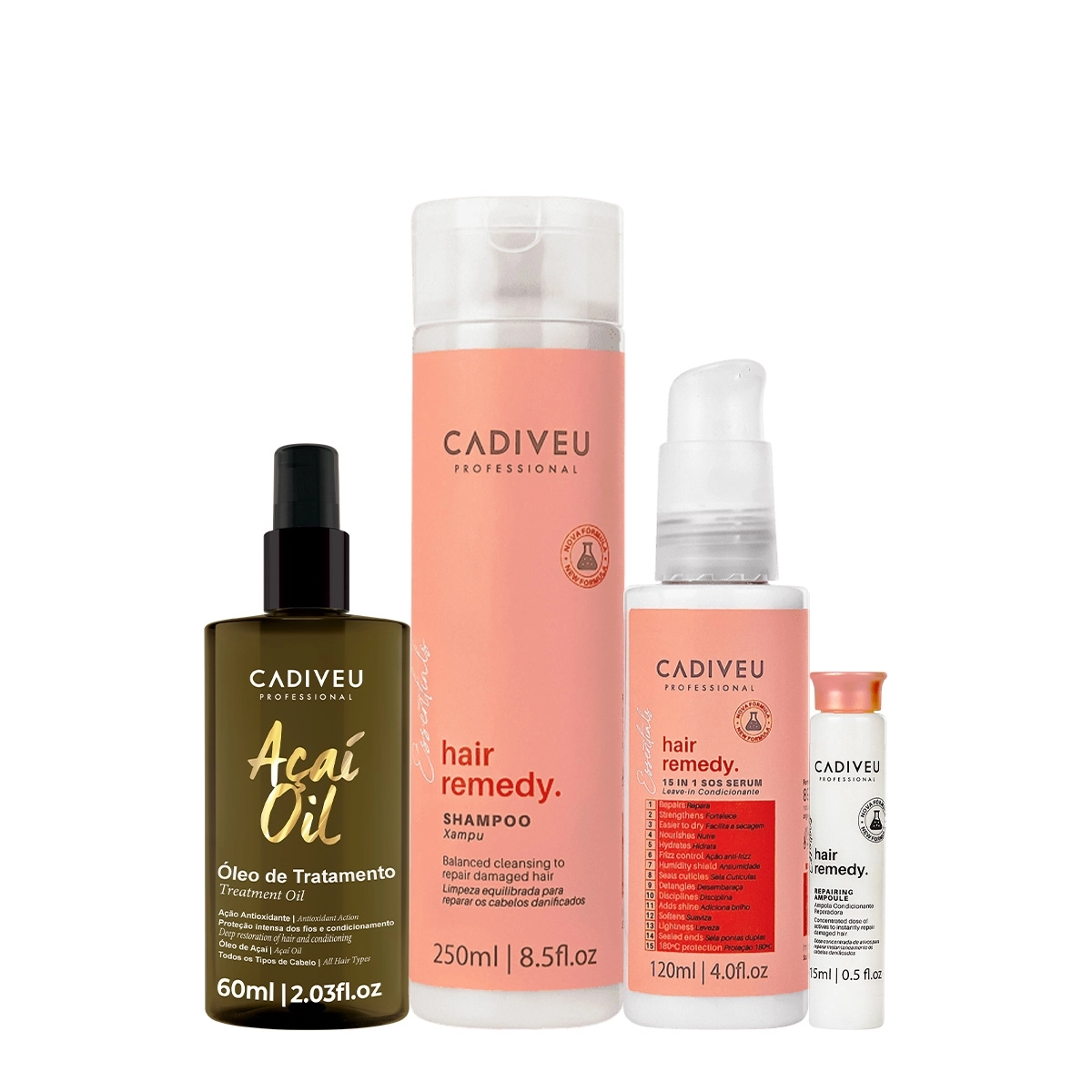 Kit Cadiveu Essentials Hair Remedy Shampoo Leave-in SOS Sérum Ampola E Açaí Oil 60 (4 Produtos)