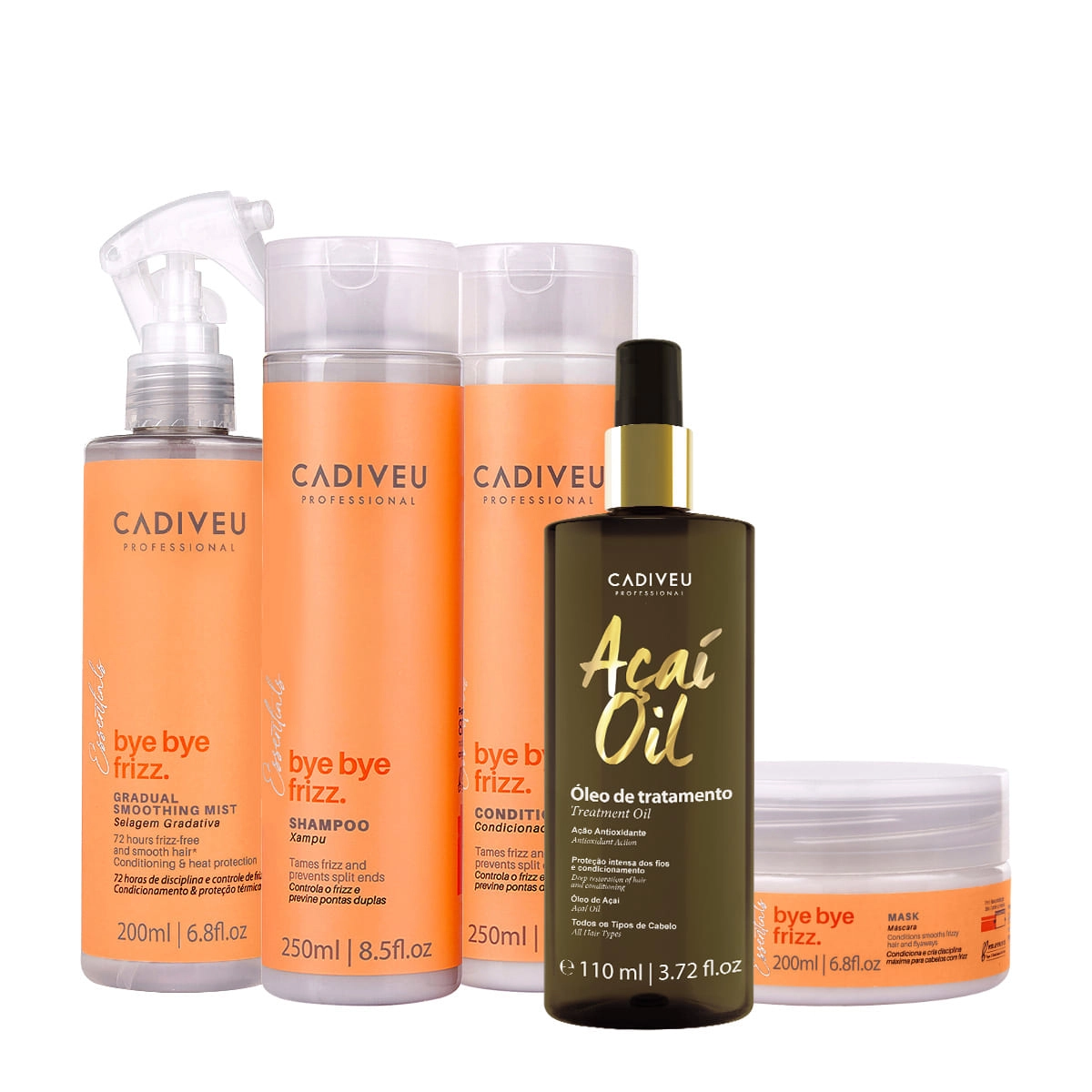Kit Cadiveu Professional Bye Bye Frizz Shampoo Condicionador Selagem Gradativa Máscara E Açaí Oil 110 (5 Produtos)