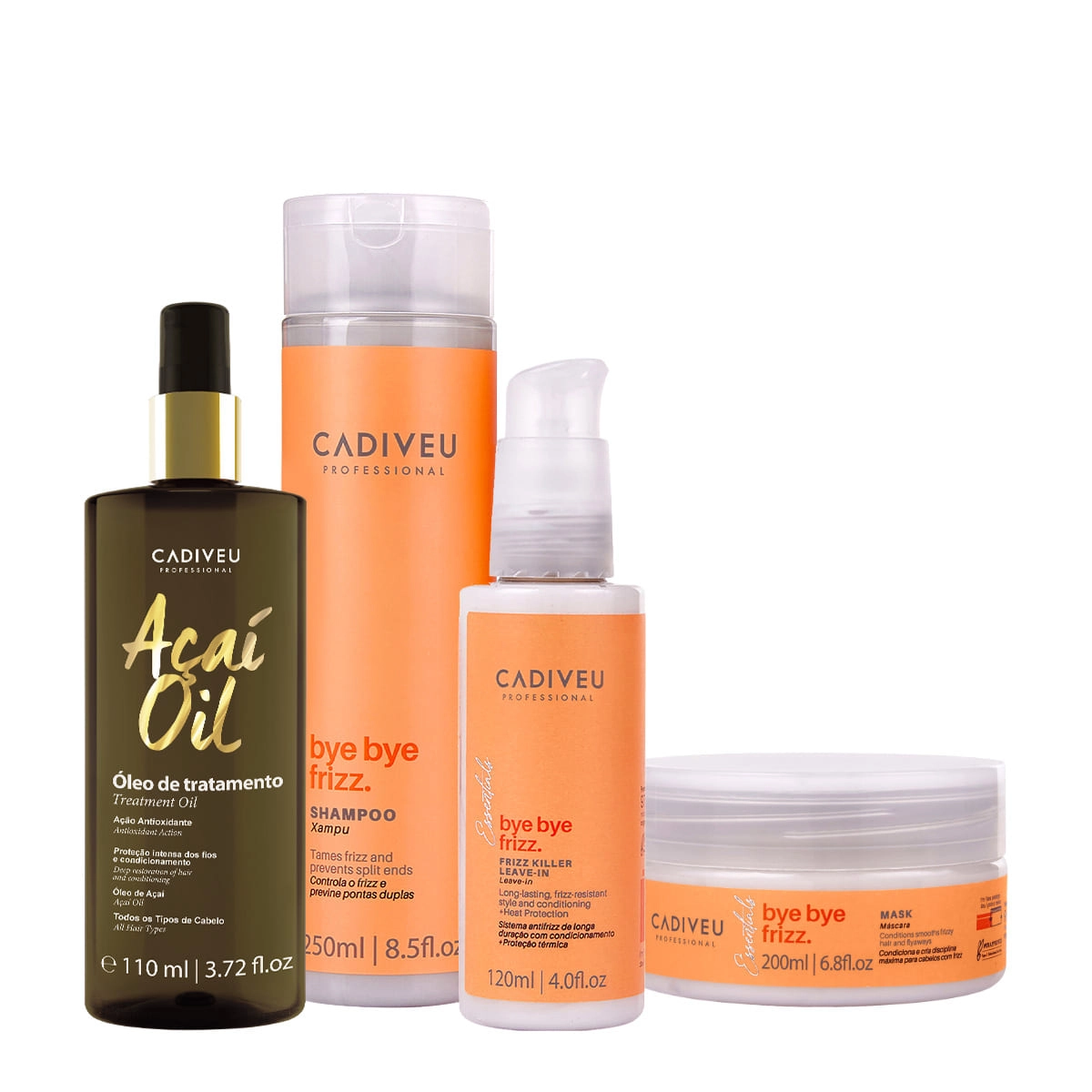 Kit Cadiveu Professional Bye Bye Frizz Shampoo Leave-in Máscara E Açaí Oil 110 (4 Produtos)