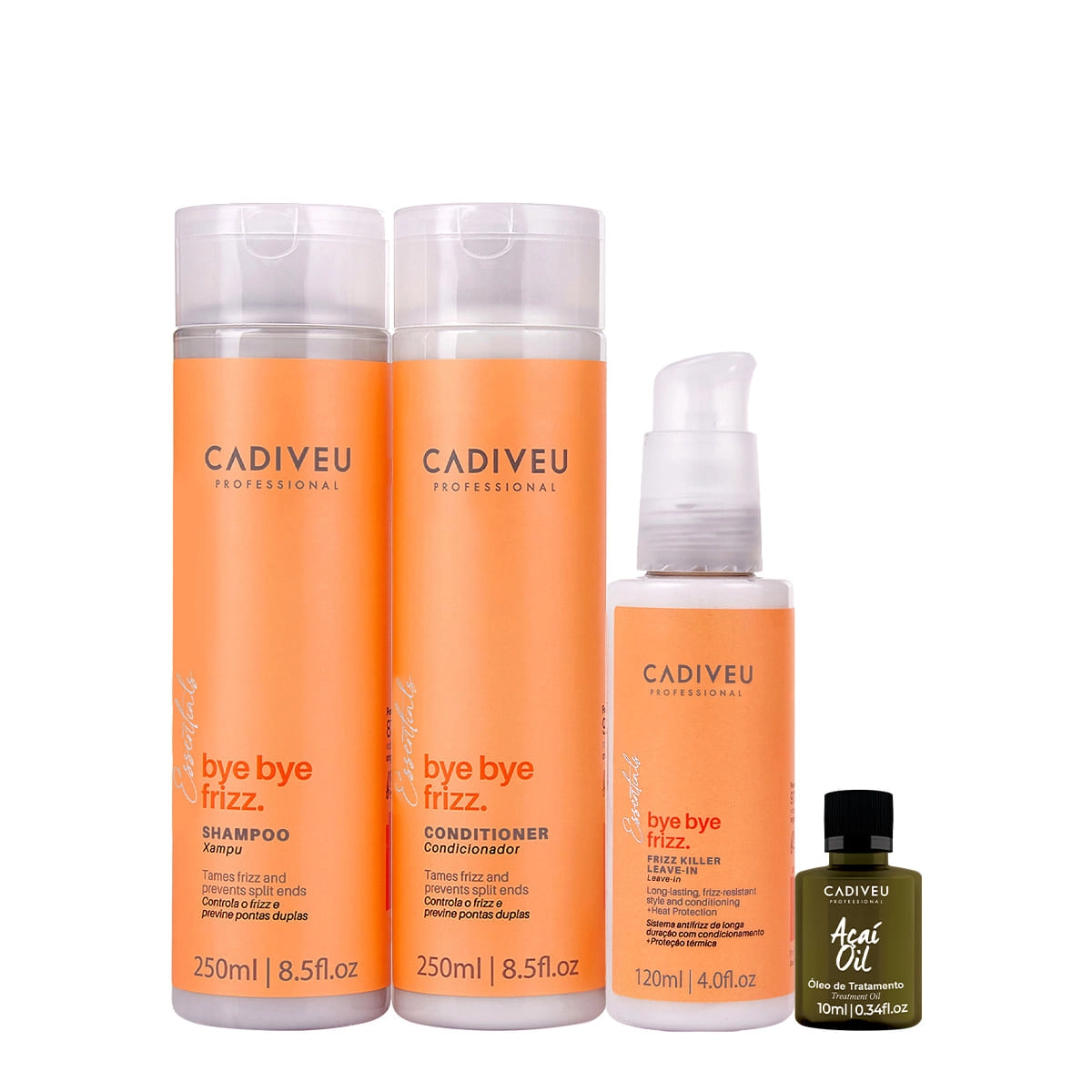Kit Cadiveu Professional Bye Bye Frizz Shampoo Condicionador Leave-in E Açaí Oil (4 Produtos)