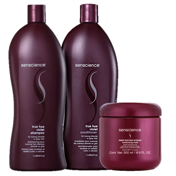 Kit Senscience True Hue Violet e Inner Restore Intensif Shampoo Condicionador 1L Máscara 500ml