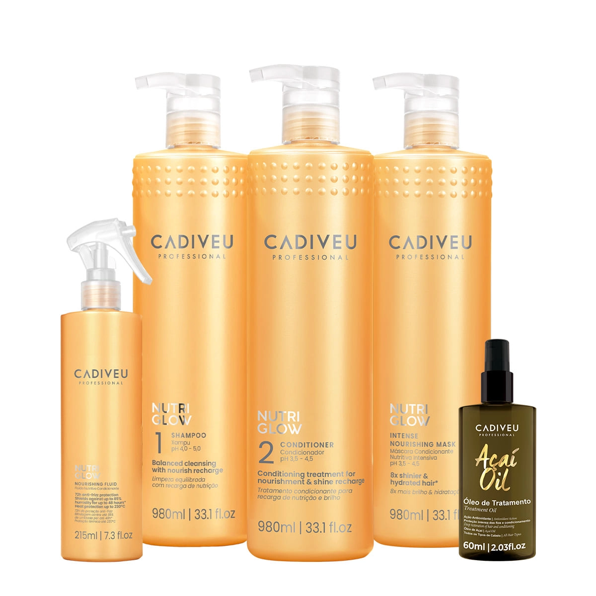Kit Cadiveu Professional Nutri Glow Shampoo Condicionador Máscara Litro Fluído E Açaí Oil 60 (5 Produtos)