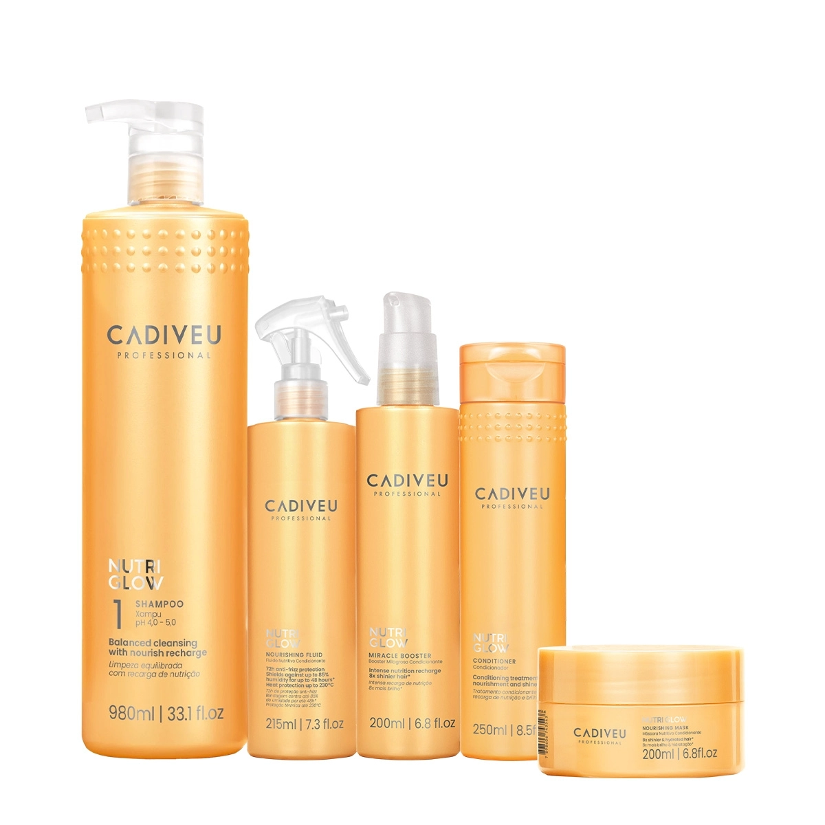 Kit Cadiveu Professional Nutri Glow Booster Fluido Shampoo Condicionador Máscara E Leave-in (5 Produtos)