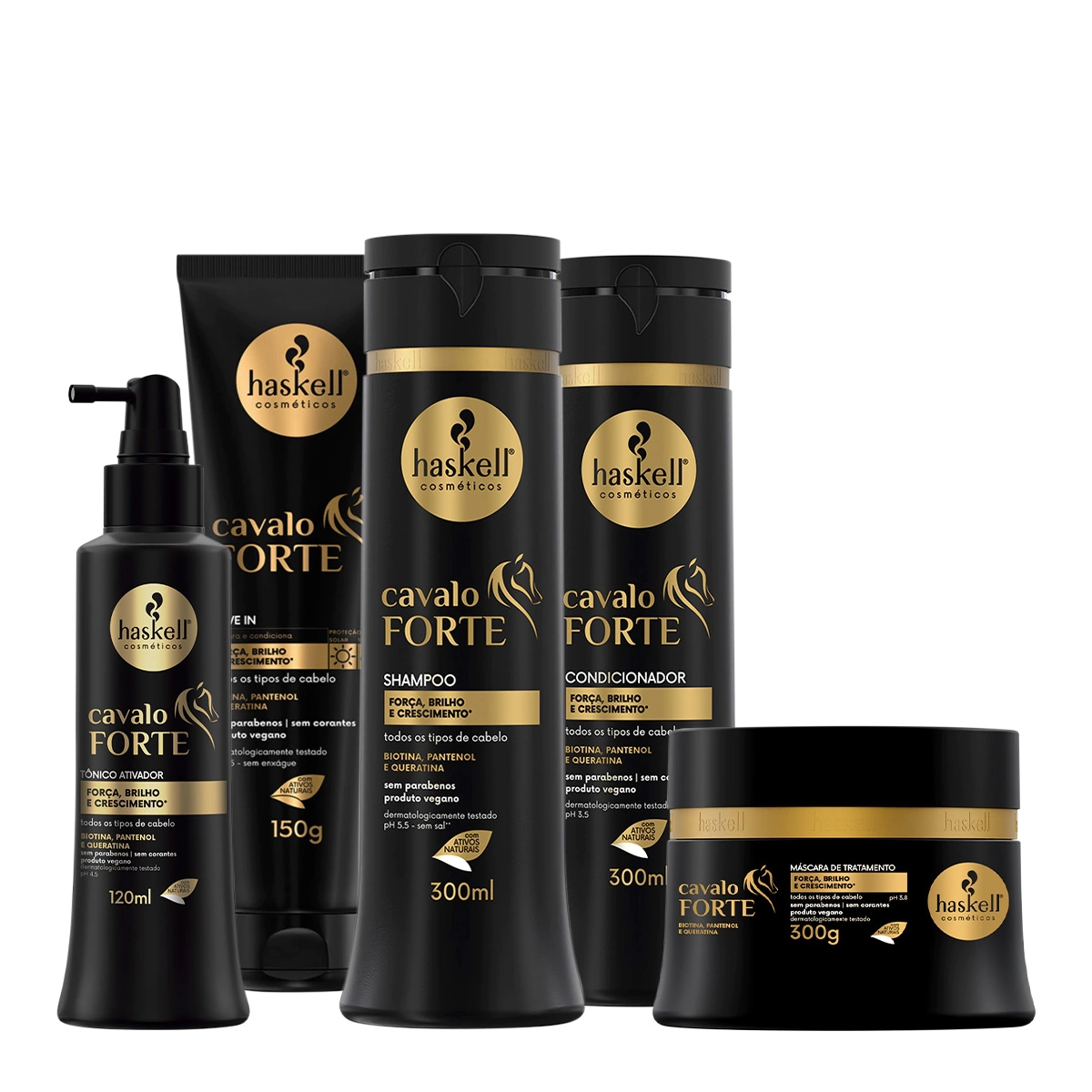 Kit Haskell Cavalo Forte Shampoo Condicionador Máscara Leave-in E Tônico (5 Produtos)