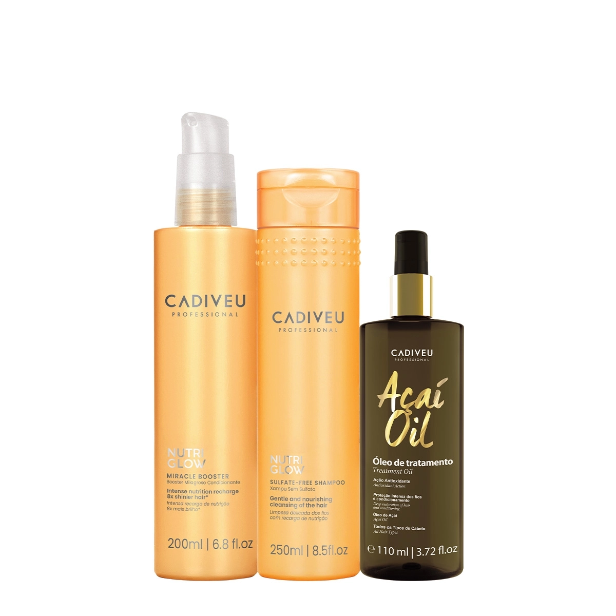 Kit Cadiveu Professional Nutri Glow Booster Fluído De Tratamento Pré Shampoo Açaí Oil 110 E Shampoo (3 Produtos)