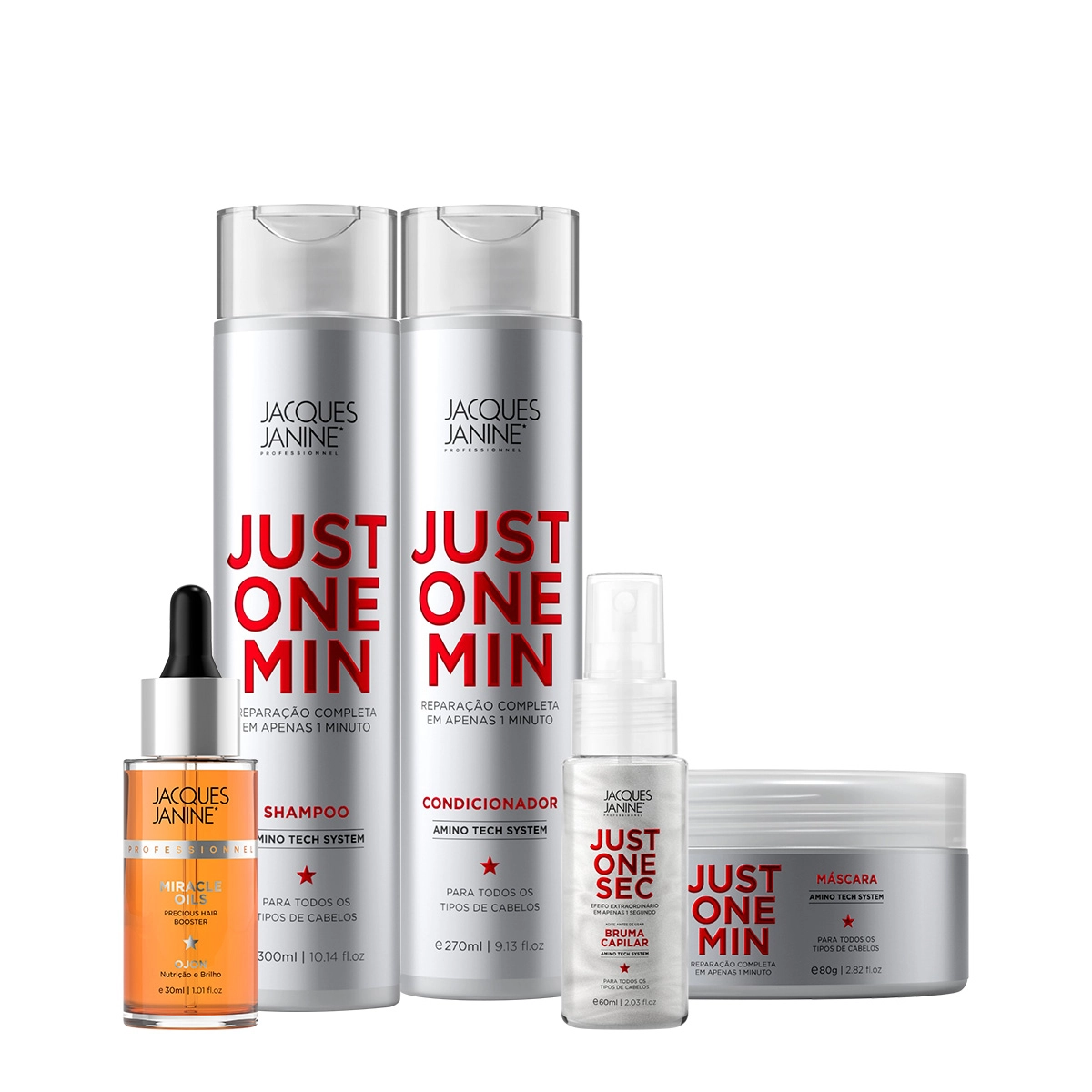 Produto Kit_Jacques_Janine_Professionnel_Just_One_Min_Shampoo_Condicionador_Mascara_Bruma_Capilar_e_Miracle_Oils_Ojon_Evas_1