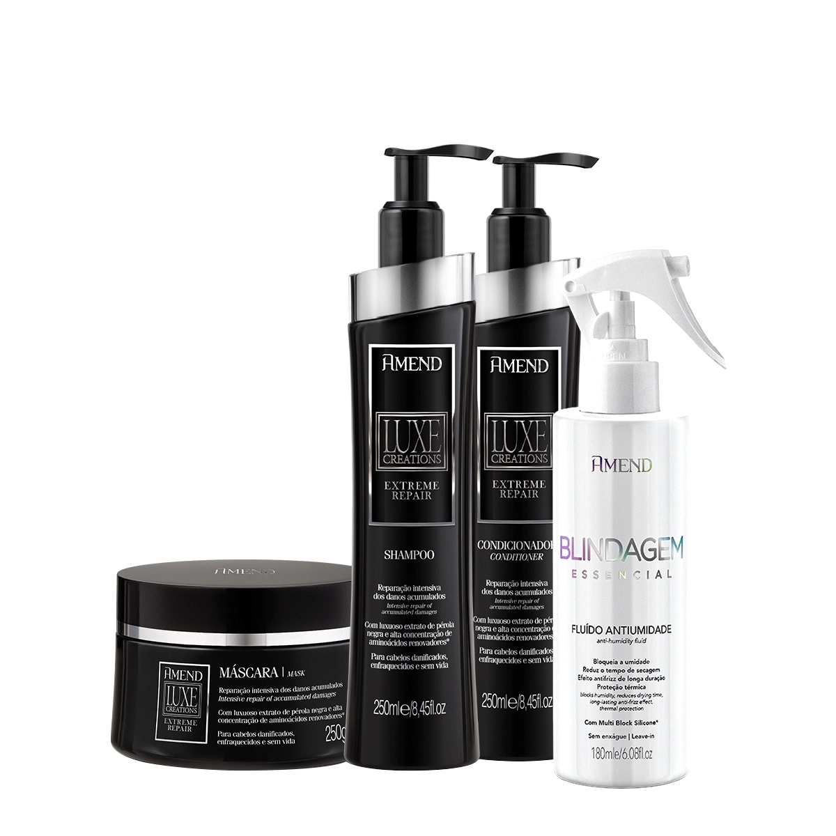 Produto Kit_Amend_Luxe_Creations_Extreme_Repair_Shampoo_Condicionador_Mascara_Fluido_Antiumidade_Evas_1