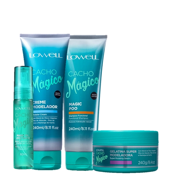 Lowell Cacho Magico Shampoo 240ml Creme Modelador 240ml Gelatina 240ml E Oleo 60ml