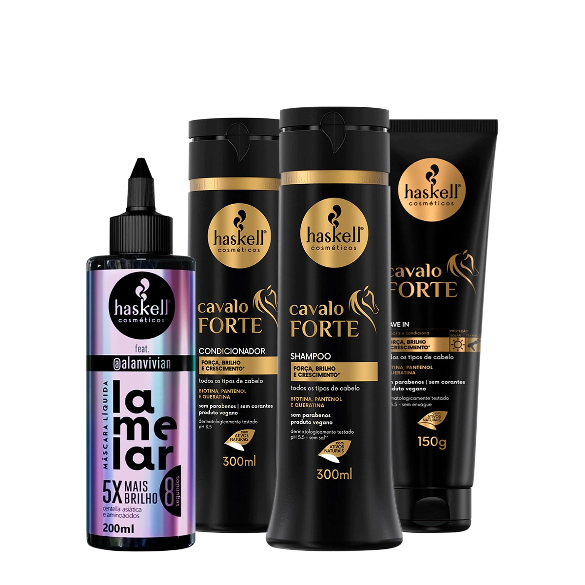 Produto Kit_Haskell_Cavalo_Forte_Shampoo_Condicionador_Leave-in_e_Lamelar_Mascara_liquida_Evas_1