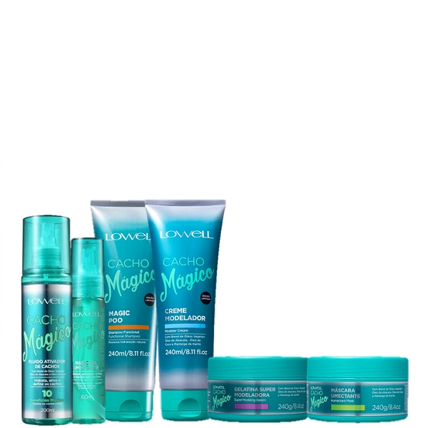 Lowell Cacho Magico Shampoo 240ml Creme 240ml Mascara 240g Gelatina 240g Oleo 60ml E Fluido 200ml