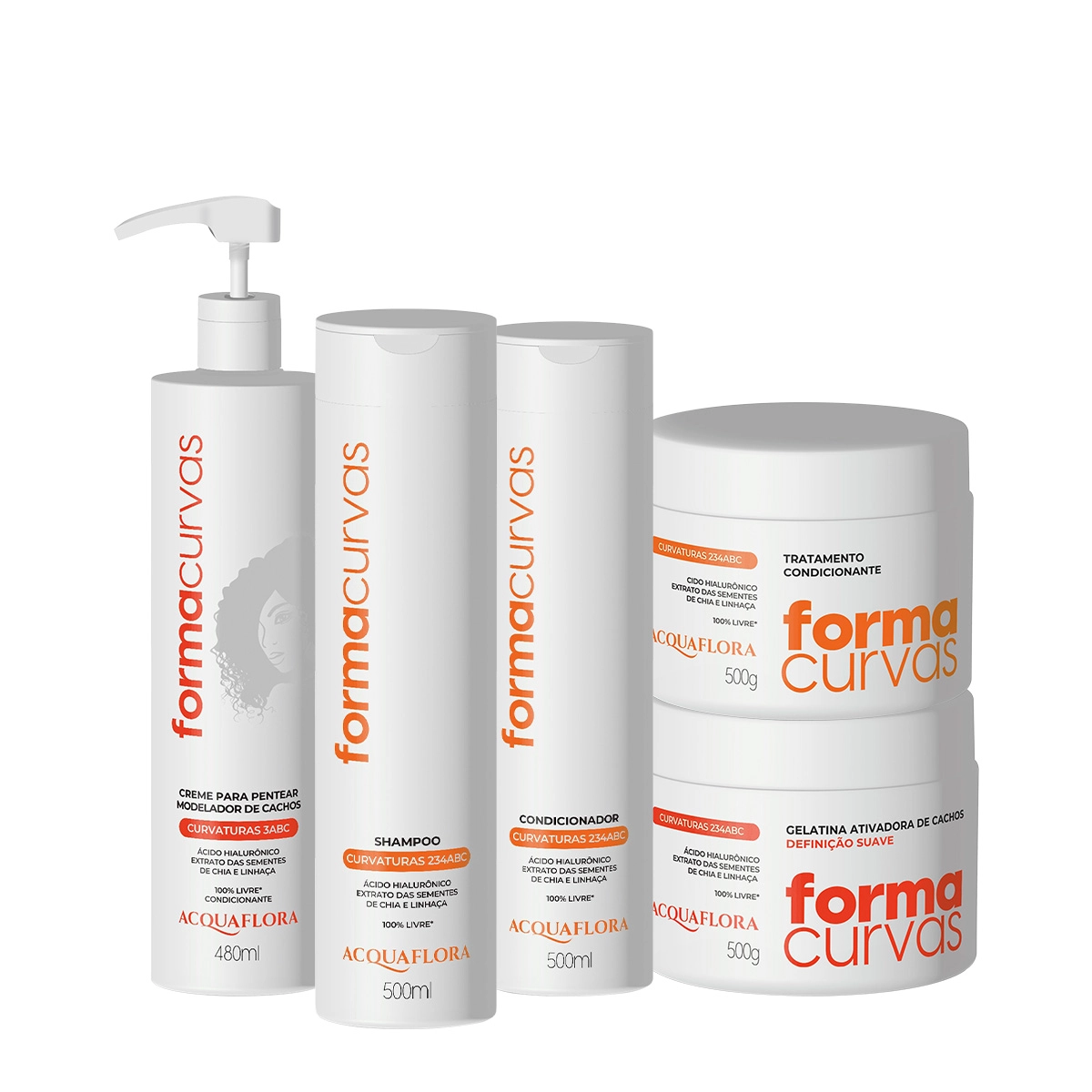 Kit Acquaflora Forma Curvas Shampoo Condicionador Tratamento Condicionante Creme De Pentear Cachos E Gelatina Suave (5 P