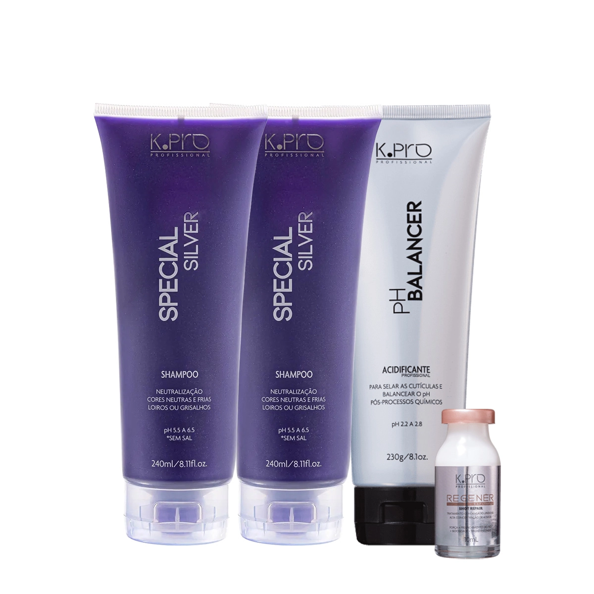 Kit K.Pro Special Silver Ph 5.5 A 6.5 Shampoo Extra Regenér Ampola E Acidificante (4 Produtos)