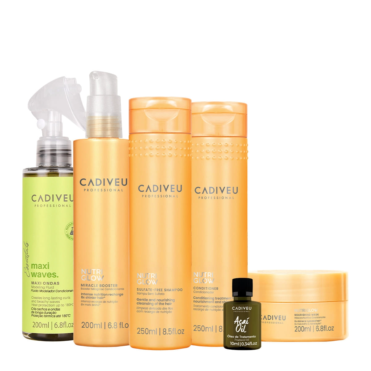 Kit Cadiveu Professional Nutri Glow Shampoo Condicionador Máscara Fluído Leave-in E Açaí Oil (6 Produtos)